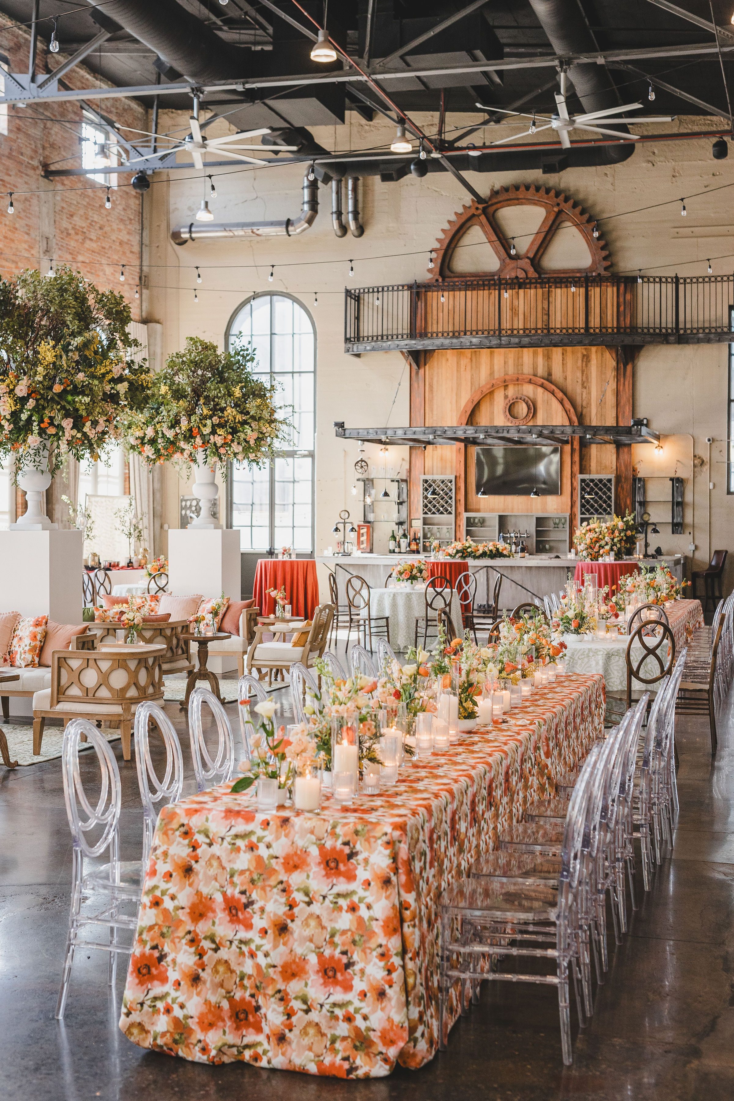 orange floral wedding reception table linens