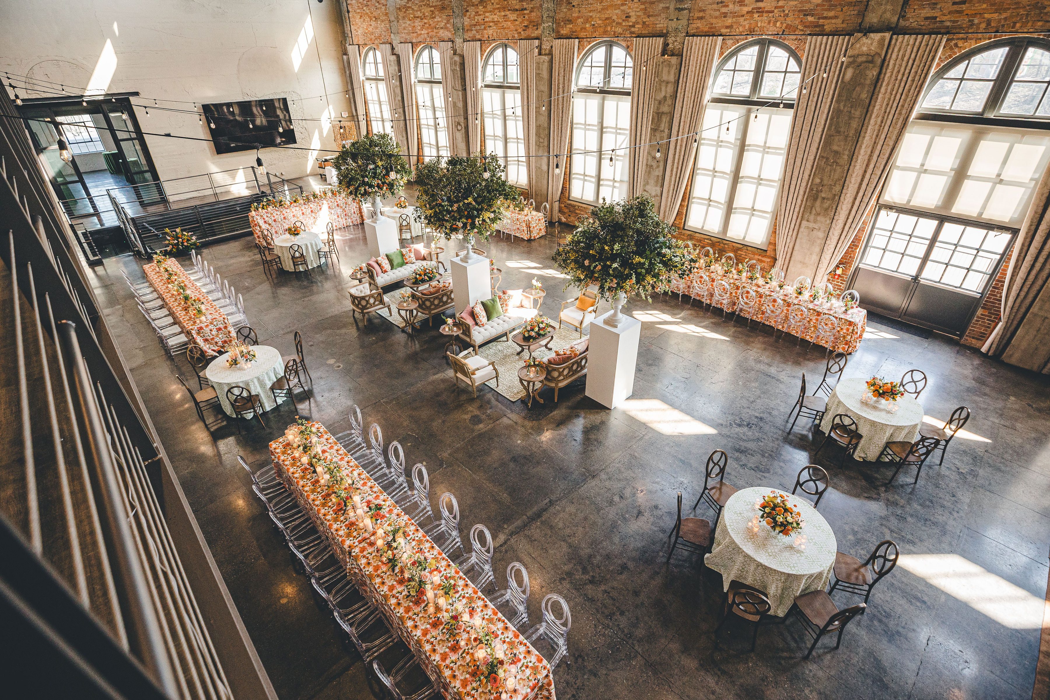 aerial view of summer wedding reception