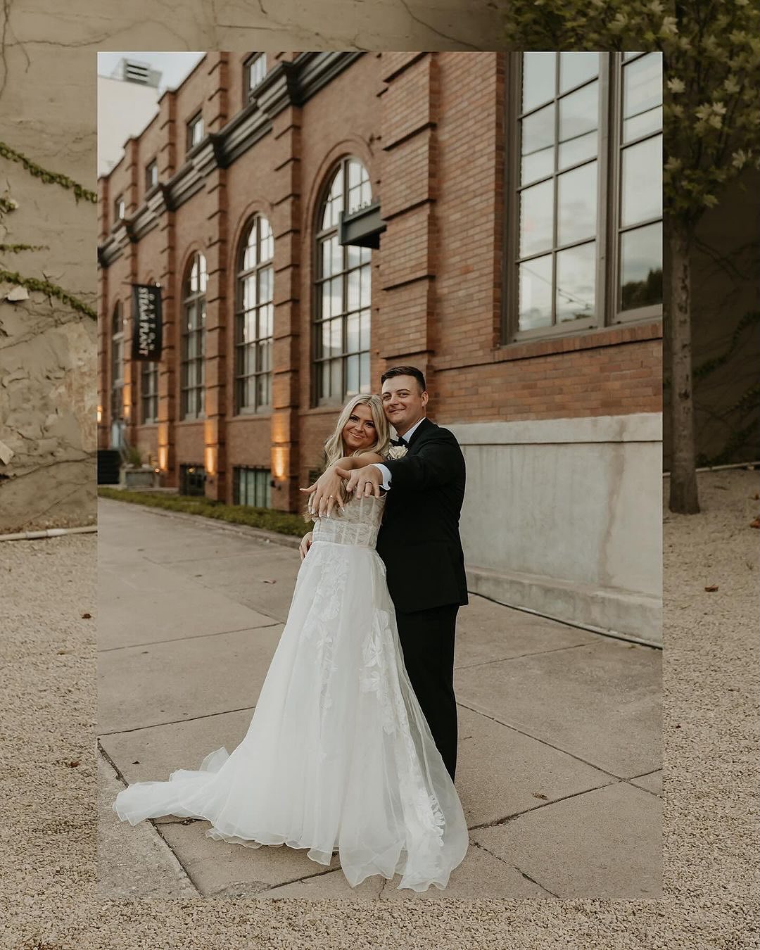 bride and groom showing off wedding bands