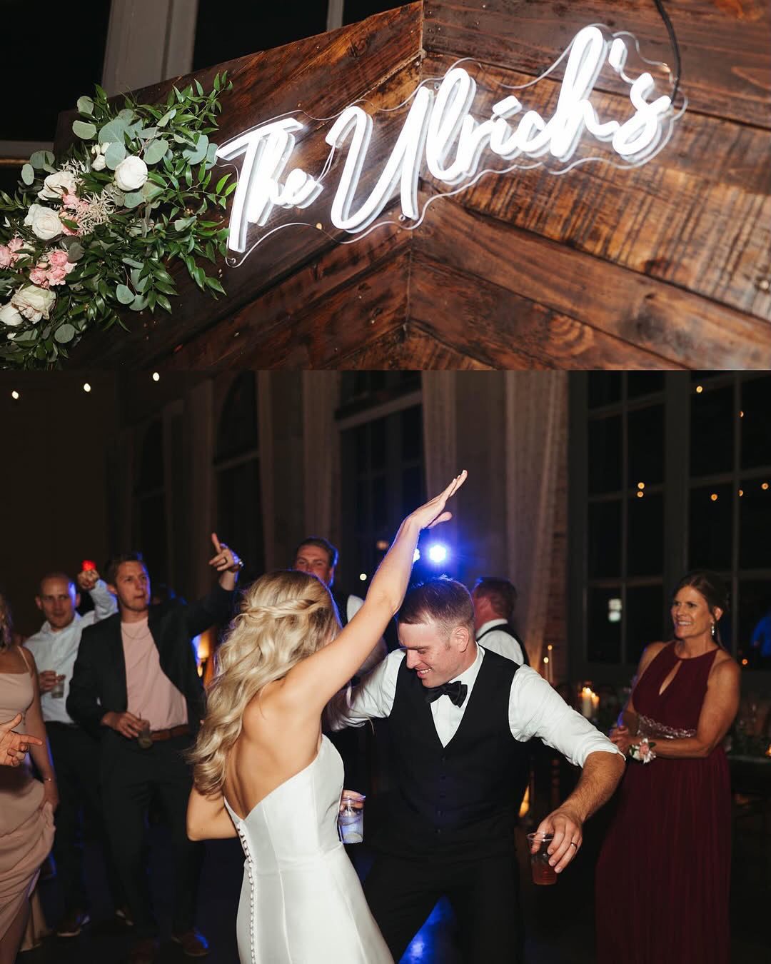 bride and groom dancing under neon sign